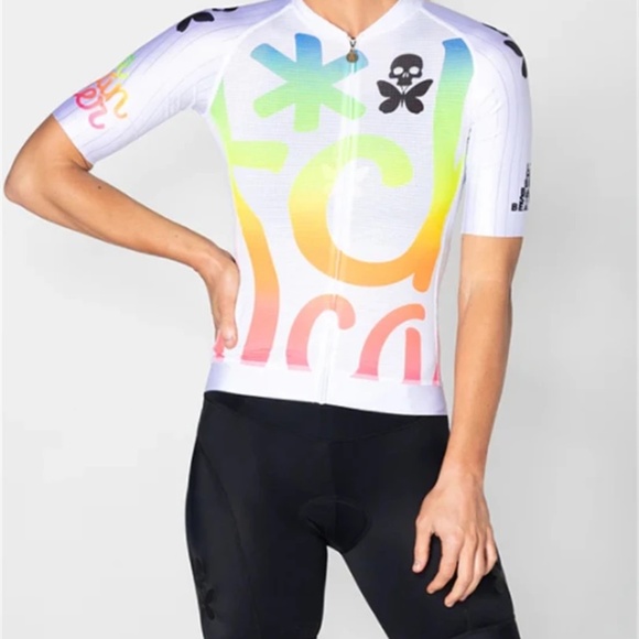 Betty Designs Tops - Betty Designs F*ck Cancer White Neon Colors Print Women’s Cycling Top Sz Medium
